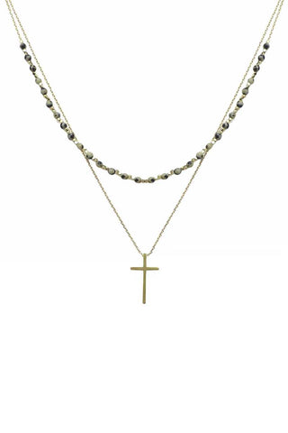 2 Layered Metal Chain Seed Bead Cross Pendant Necklace