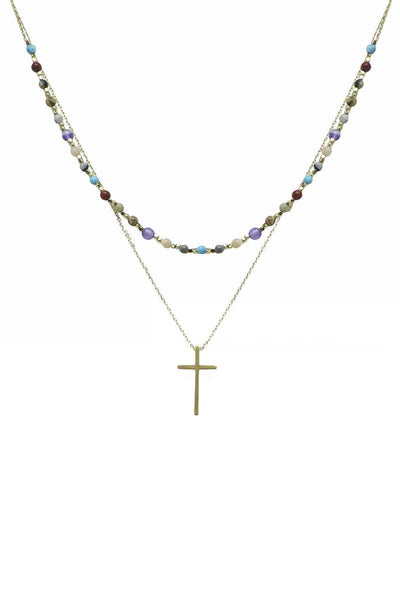 2 Layered Metal Chain Seed Bead Cross Pendant Necklace