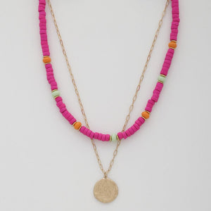 Coin Wood Bead Layered Necklace
