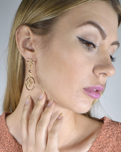 Rhinestone Studded Metallic Floral and Ring Detailing Drop Earrings