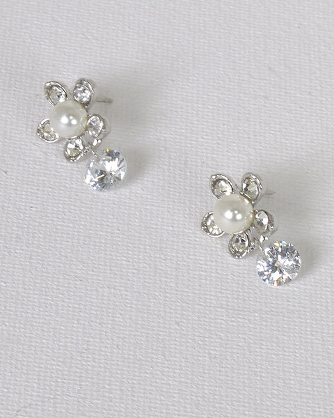 Pearl and Crystal Embellished Floral Design Drop Earrings