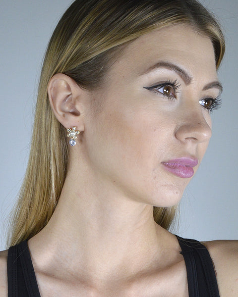 Pearl and Crystal Embellished Floral Design Drop Earrings