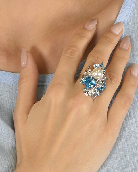 Metal Accented Rhinestone Crystal and Pearl Studded Ring