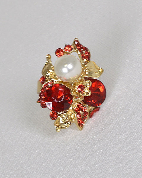 Metal Accented Rhinestone Crystal and Pearl Studded Ring