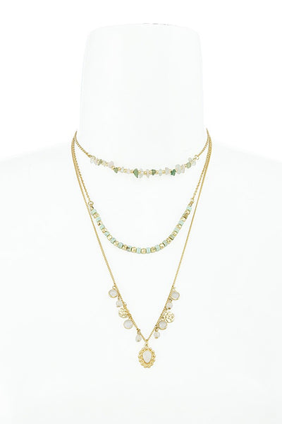 Semi precious stone bead three layer necklace