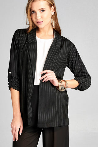 Ladies fashion 3/4 roll up sleeve w/snap button open front w/collar print stripe blazer