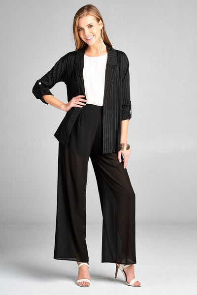 Ladies fashion 3/4 roll up sleeve w/snap button open front w/collar print stripe blazer