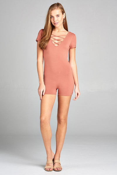 Ladies fashion short sleeve v-neck w/strappy strap cotton spandex bodycon romper