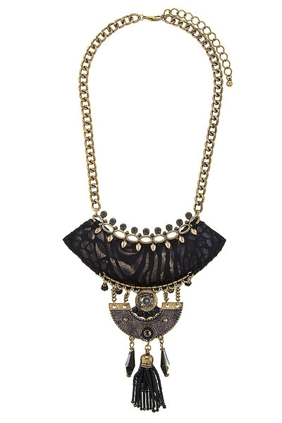 Seed bead tassel fringe black cushion pendant necklace set