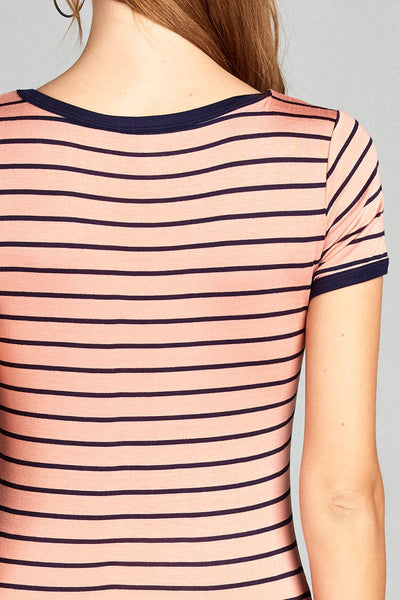 Ladies fashion short sleeve v-neck yarn dyed stripe rayon spandex top