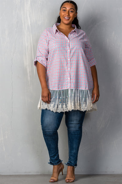 Ladies fashion plus size gingham lace-hem plus size top