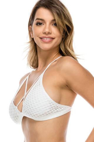 Ladies t-back strappy bralette with mesh overlay