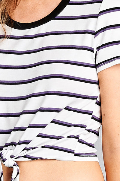 Ladies fashion short sleeve round contrast neck with knotted front crop multi stripe rayon spandex top