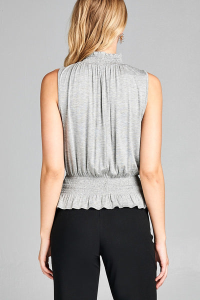 Ladies fashion sleeveless neck and waist smocked detail rayon spandex top