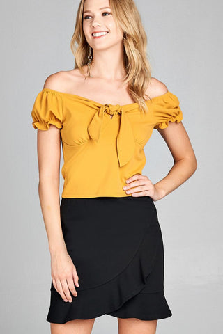 Ladies fashion short sleeve off the shoulder front heart neckline w/self tie top