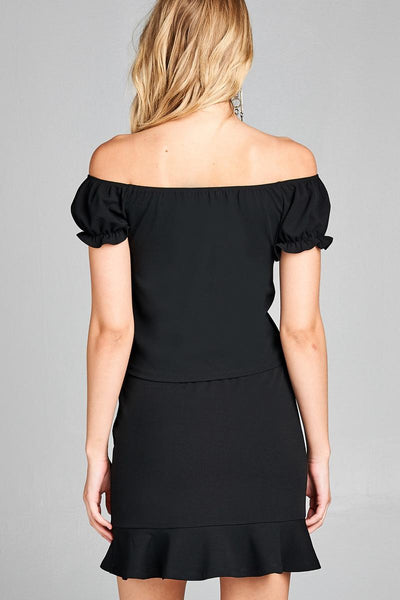 Ladies fashion short sleeve off the shoulder front heart neckline w/self tie top