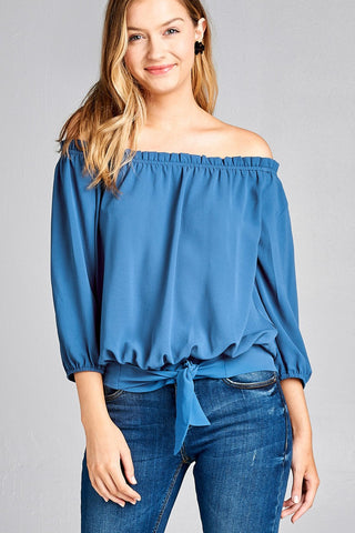 Ladies fashion 3/4 sleeve off the shoulder waist band w/front self tie back smocked detail crepe woven top