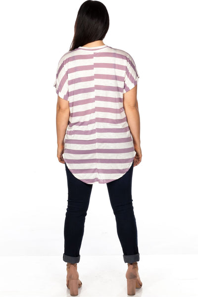 Ladies fashion plus size round neckline striped and destroyed cutout tee