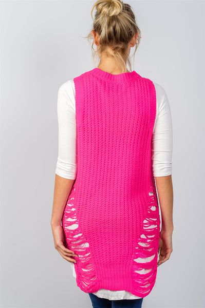 Ladies fashion round neckline sleeveless sweater knit distress sides dress