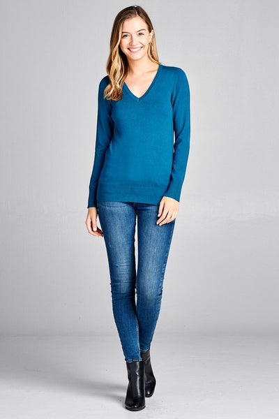 Ladies fashion long sleeve vneck classic sweater