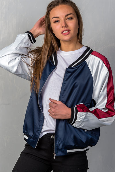 Ladies fashion navy "brunch" embroidered bomber colorblock jacket