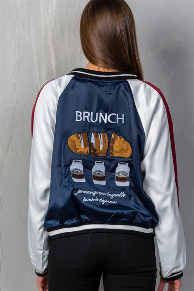 Ladies fashion navy "brunch" embroidered bomber colorblock jacket