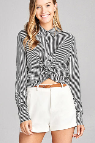 Ladies fashion long sleeve front knot w/button stripe rayon challis woven top
