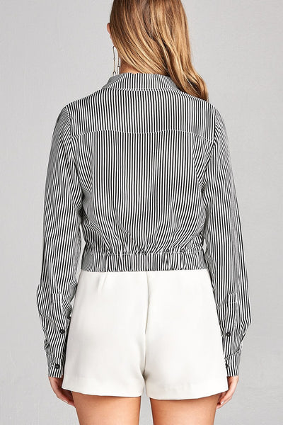 Ladies fashion long sleeve front knot w/button stripe rayon challis woven top