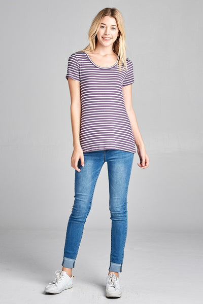Ladies fashion short sleeve scoop neck stripe rayon spandex top