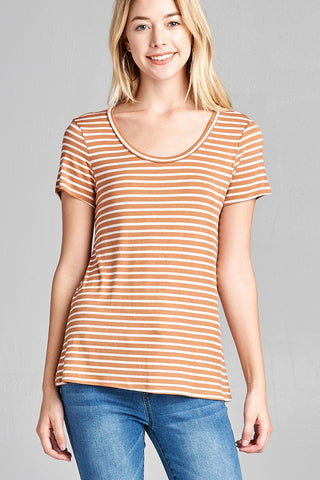 Ladies fashion short sleeve scoop neck stripe rayon spandex top