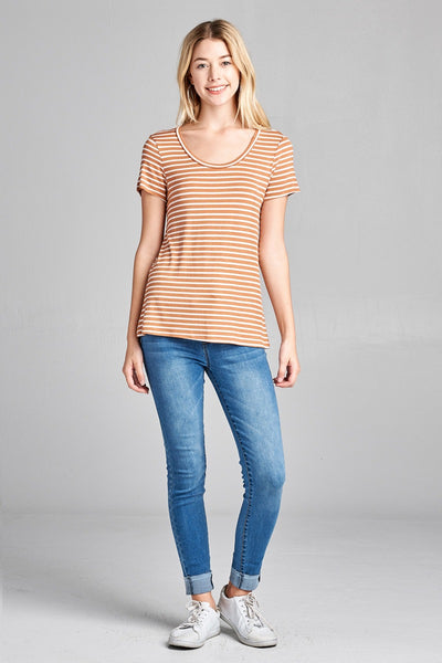 Ladies fashion short sleeve scoop neck stripe rayon spandex top