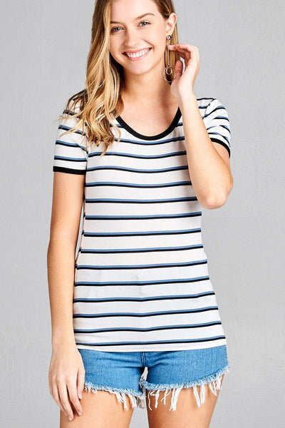 Ladies fashion short sleeve round neck yarn dye stripe rayon spandex jersey top