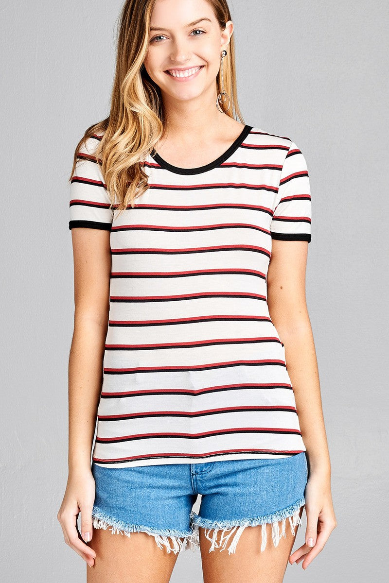 Ladies fashion short sleeve round neck yarn dye stripe rayon spandex jersey top