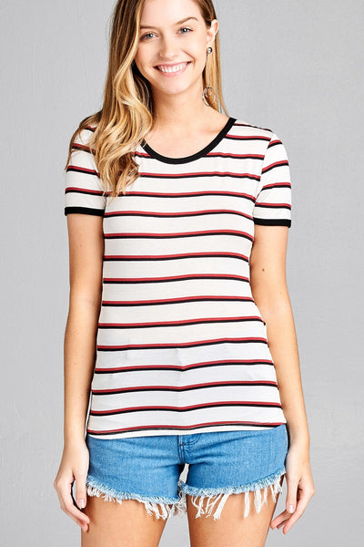 Ladies fashion short sleeve round neck yarn dye stripe rayon spandex jersey top