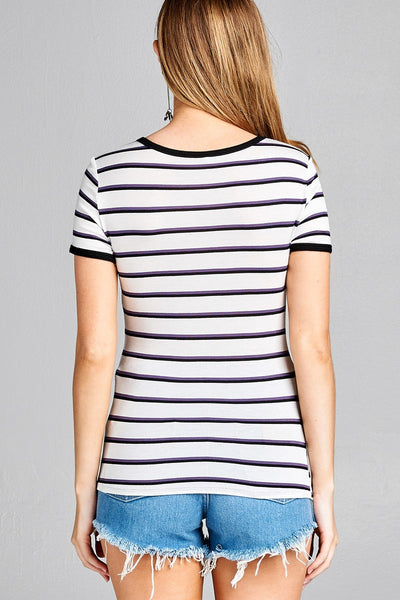 Ladies fashion short sleeve round neck yarn dye stripe rayon spandex jersey top