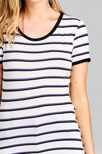 Ladies fashion short sleeve round neck yarn dye stripe rayon spandex jersey top