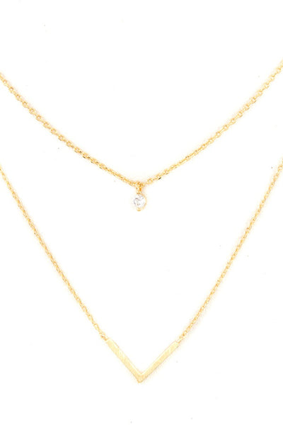Ladies fashion cz stone v pendant layered necklace