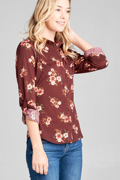 Ladies fashion plus size 3/4 roll up sleeve front pocket detail flower print stretch knit shirts