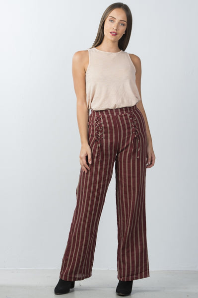 Ladies fashion high waisted stripe lace-up wide-leg pants