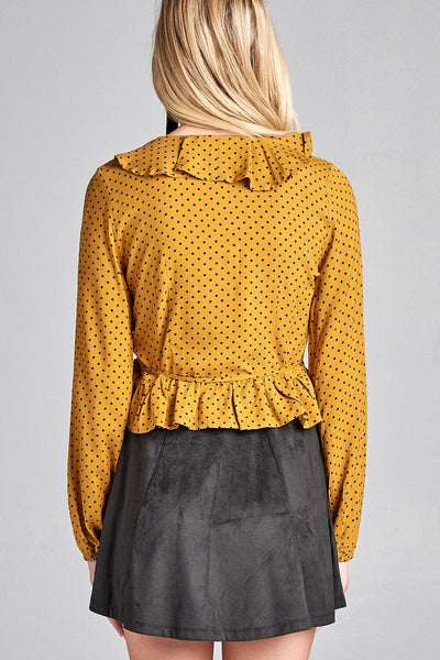 Ladies fashion long sleeve v-neck w/ruffle wrap side ribbon tie dot print woven top