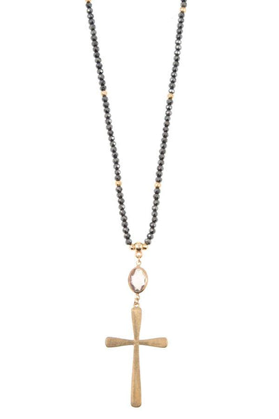 Elongated glass bead cross pendant necklace