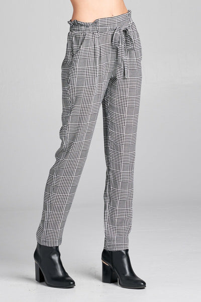 Ladies fashion plus size self ribbon detail long leg checked print woven pants