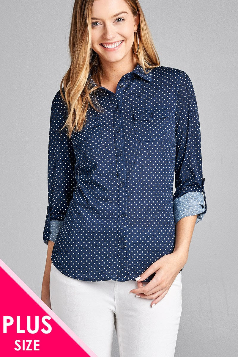 Ladies fashion plus size 3/4 roll up sleeve front pocket detail dot print stretch knit shirts