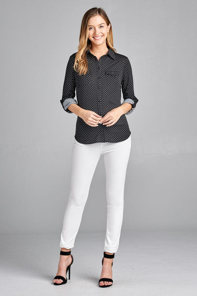 Ladies fashion plus size 3/4 roll up sleeve front pocket detail dot print stretch knit shirts