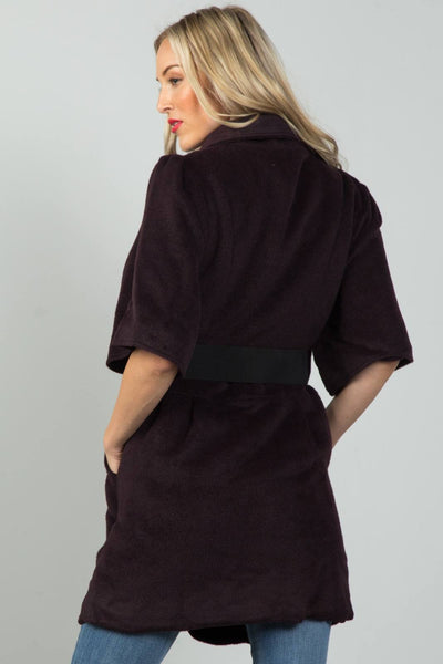 Ladies fashion wine fluffy belted 3/4 sleeves jacket