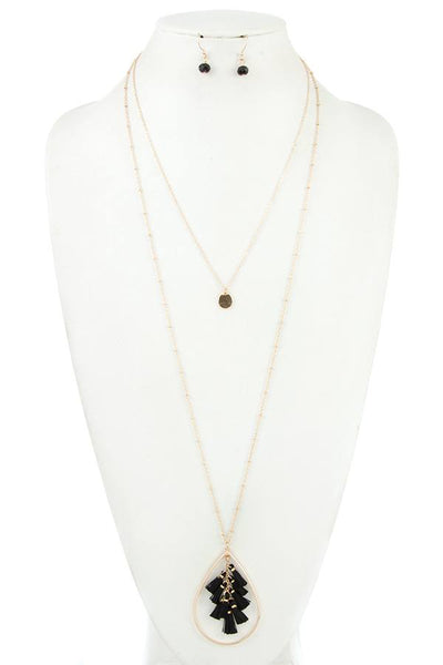 Double row multi tassel teardrop pendant necklace set