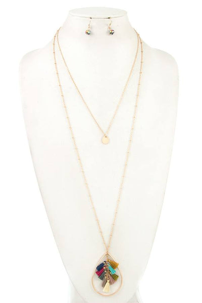 Double row multi tassel teardrop pendant necklace set