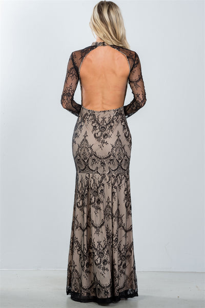 Ladies fashion black lace nude illusion open back maxi dress