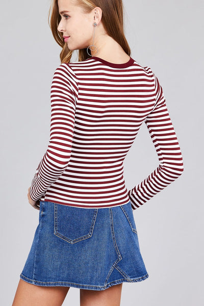 Ladies fashion long sleeve crew neck striped dty brushed top