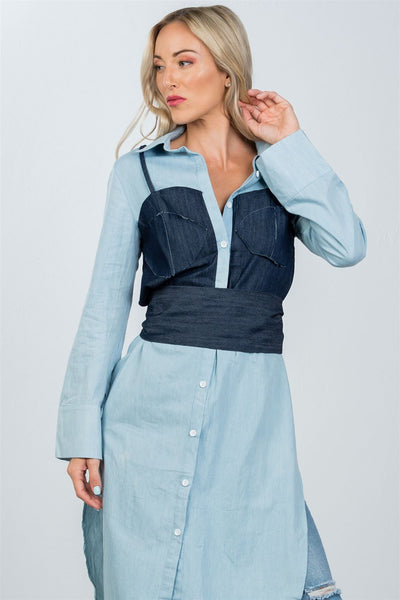 Ladies fashion denim button down bleach-dye corset shirt